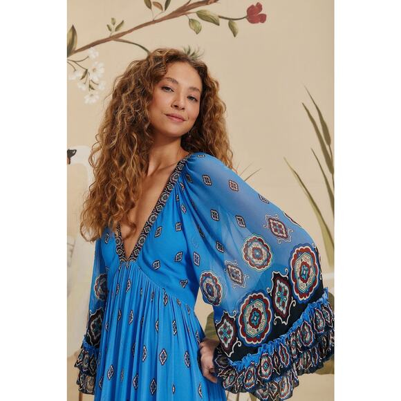 FARM RIO Blue Black Bell Sleeve Ainika Tiles Flowy V-Neck Maxi Gown Size XS - Picture 14 of 14